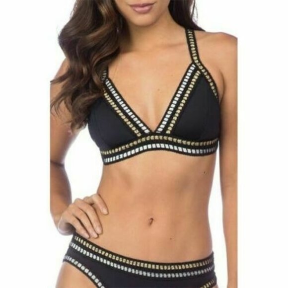 La Blanca Other - La Blanca Womens Black Silver Gold Threading Along Triangle Bikini Top